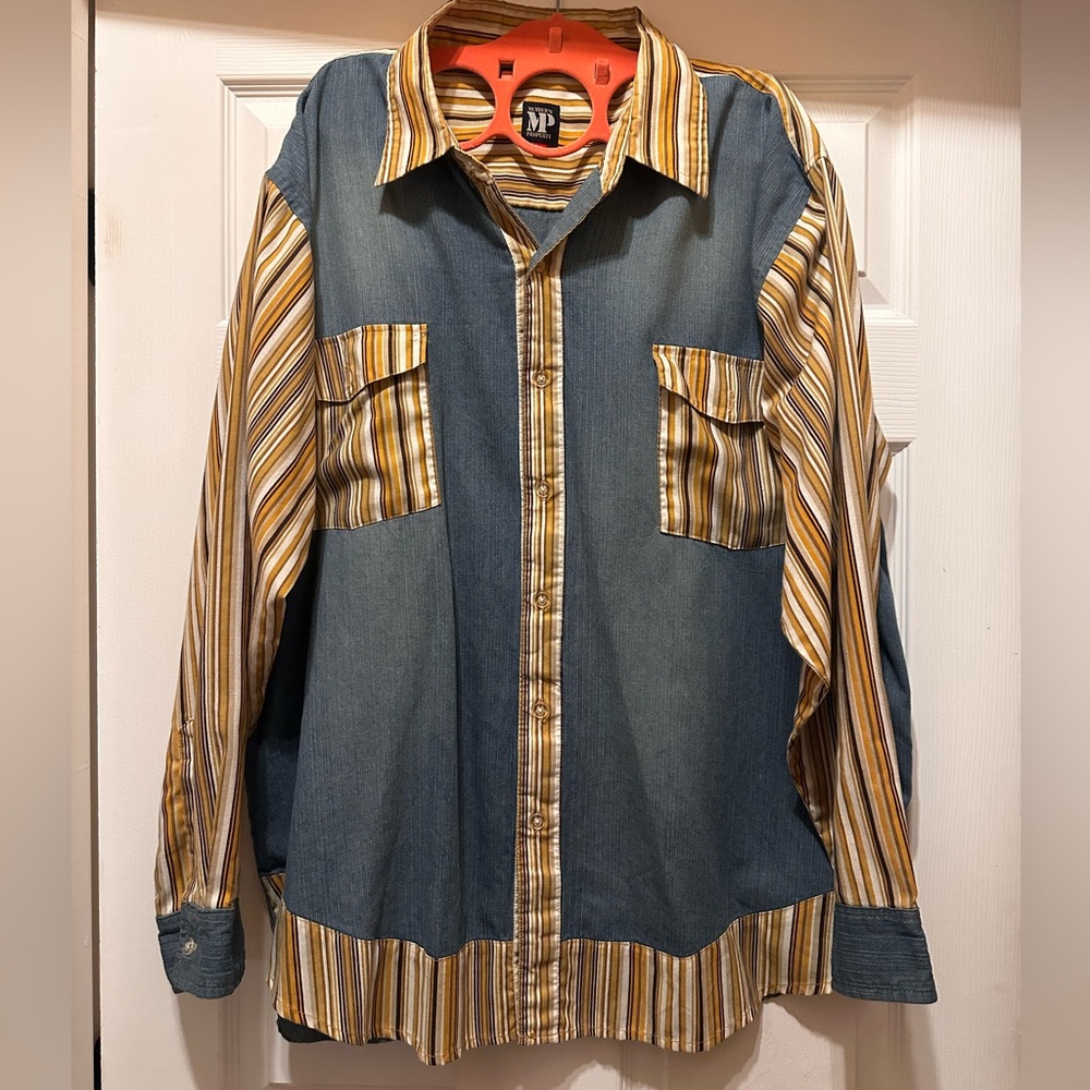 Men's Two-Tone Denim and Yellow Striped Button-Up Shirt